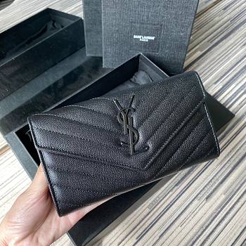 YSL Monogram large flap wallet in grain de poudre embossed black leather with black metal size 19cm