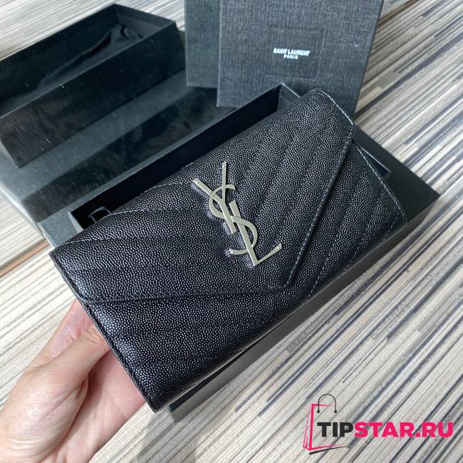YSL Monogram large flap wallet in grain de poudre embossed black leather with silver metal size 19cm - 1