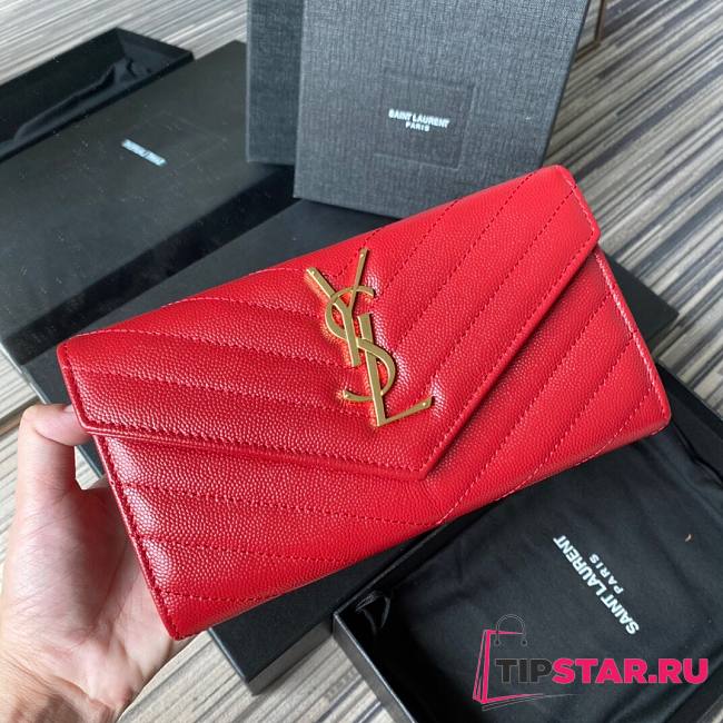 YSL Monogram large flap wallet in grain de poudre embossed red leather size 19cm - 1
