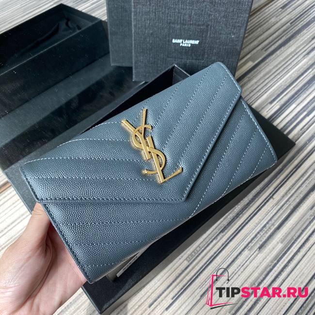 YSL Monogram large flap wallet in grain de poudre embossed gray leather size 19cm - 1