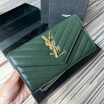 YSL Monogram large flap wallet in grain de poudre embossed green leather size 19cm
