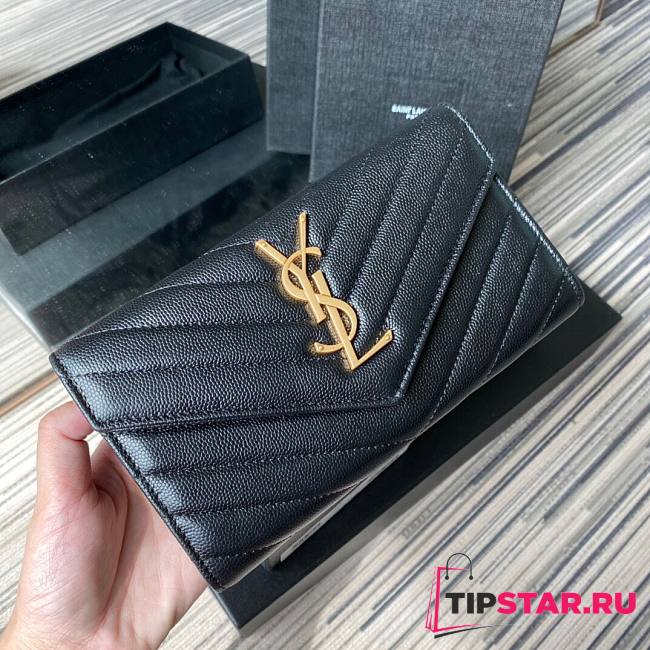 YSL Monogram large flap wallet in grain de poudre embossed black leather with gold metal size 19cm - 1