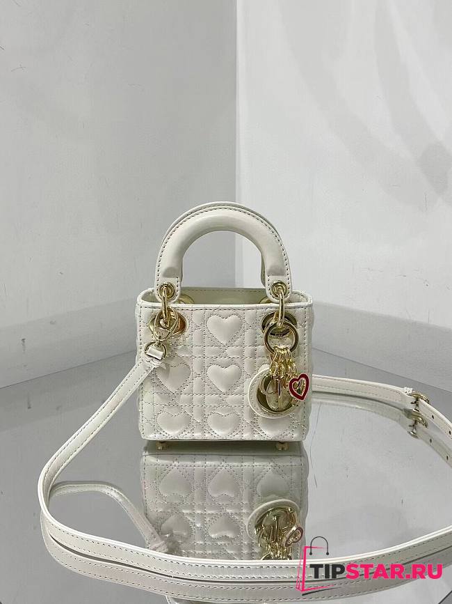 Dior micro Dioramour lady bag white cannage lambskin with heart motif size 12cm - 1