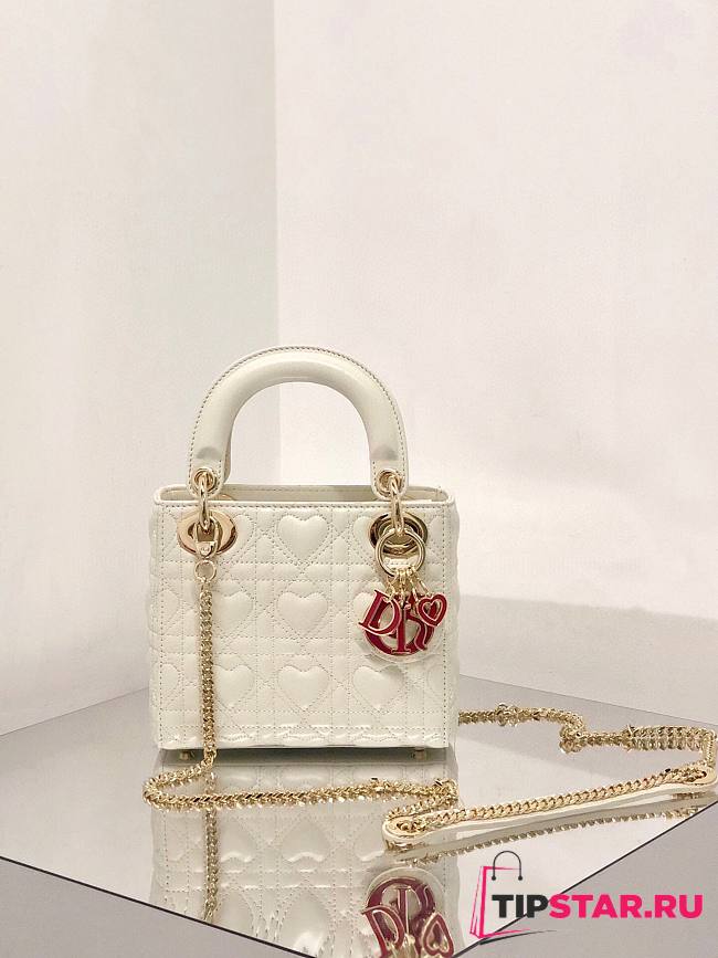 Dior mini Dioramour lady bag white cannage lambskin with heart motif size 17cm - 1