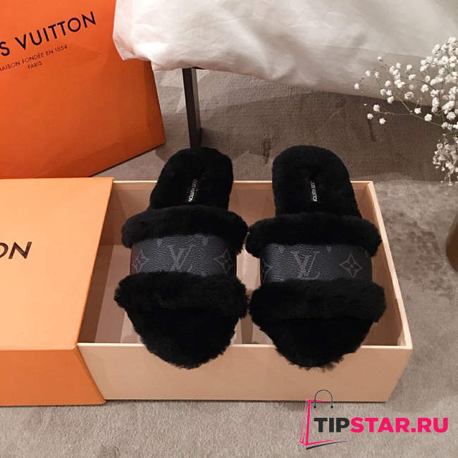 LV Fur Sandal Full Black - 1