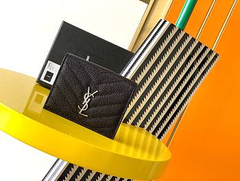 YSL Monogram card case in grain de poudre embossed leather in black with silver metal 530841 11cm