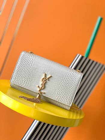 YSL Kate medium with tassel in crocodile-embossed shiny leather in white 354119 24cm