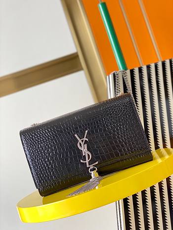 YSL Kate medium with tassel in crocodile-embossed shiny leather in black with silver tag 354119 24cm