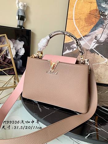 LV Capucines PM taurillon leather in beige with pink lid M99336 31.5cm