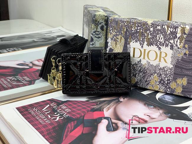 Dior Lady 5-gusset card holder black patent cannage calfskin 10.5cm - 1