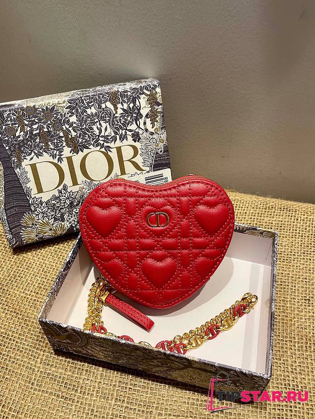 Dior Dioramour caro heart pouch with chain red cannage calfskin with heart motif 11cm - 1