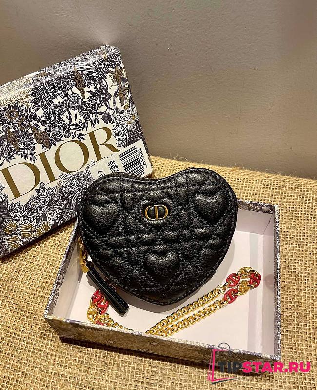 Dior Dioramour caro heart pouch with chain black cannage calfskin with heart motif 11cm - 1