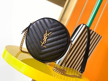 YSL Vinyle round camera bag in chevron-quilted grain de poudre embossed black leather 17cm