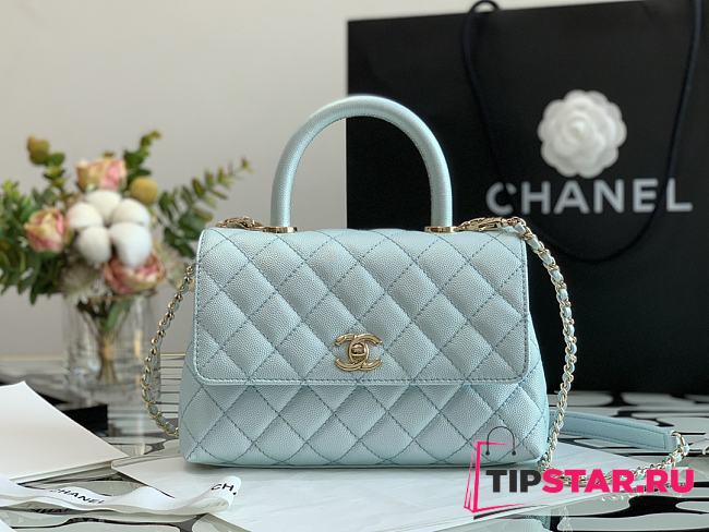 Chanel Flap Bag With Top Handle & Gold Metal In Light Blue A92990 24cm - 1