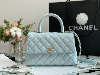 Chanel Flap Bag With Top Handle & Gold Metal In Light Blue A92990 24cm