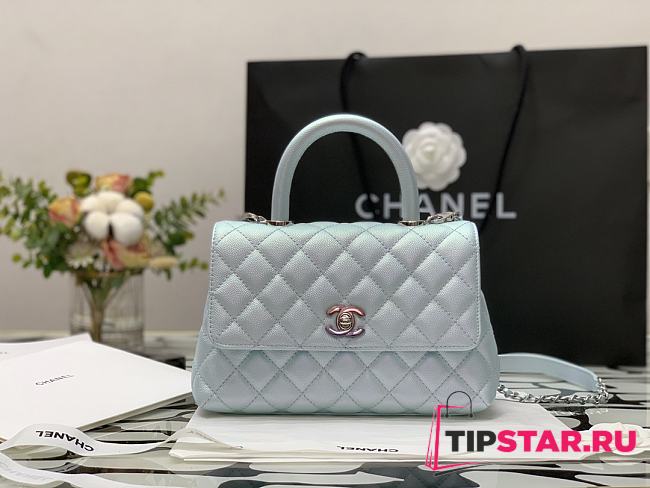 Chanel Flap Bag With Top Handle & Gradient Lacquered Metal In Light Blue A92990 24cm - 1
