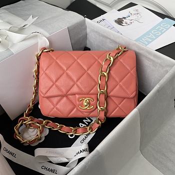 Chanel small Flap bag lambskin & gold metal in coral 22cm