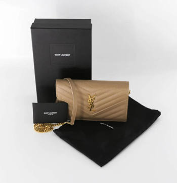 YSL Envelope chain wallet in grain de poudre embossed leather with gold metal in dark beige 19cm
