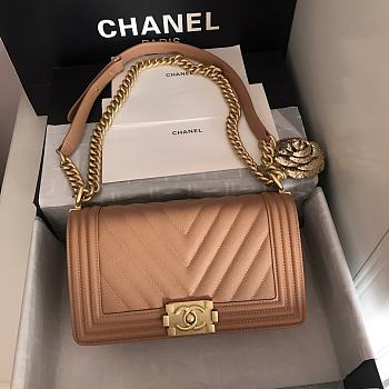 Chanel V-Boy handbag calfskin & gold metal in dark beige 67086 20cm