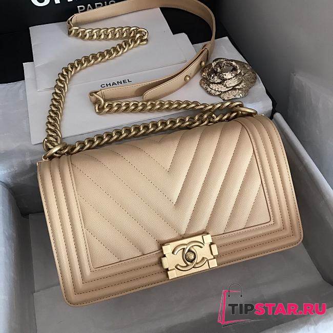 Chanel V-Boy Handbag Calfskin & Gold Metal In Light Beige 67086 25cm - 1