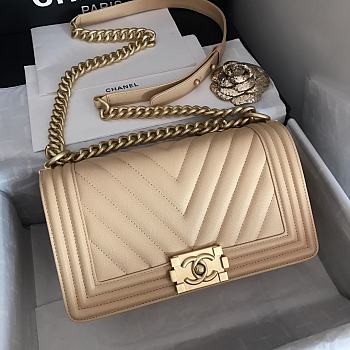 Chanel V-Boy Handbag Calfskin & Gold Metal In Light Beige 67086 25cm
