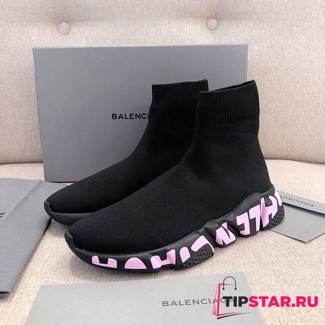 Balenciaga Speed graffiti trainers in black knit and black/pink graffiti sole unit - 1