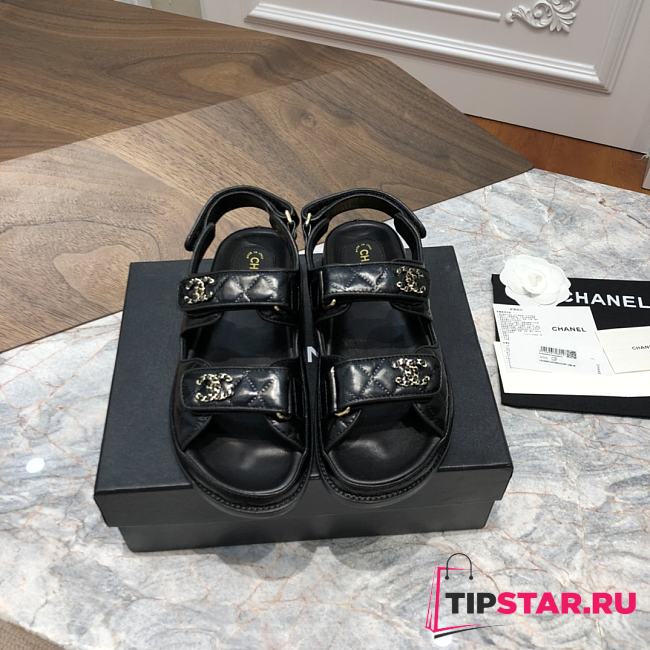 Chanel sandals black lambskin with gold hardware - 1