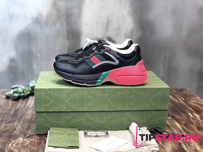 Gucci Rhyton sneaker green and red web in black leather - 1