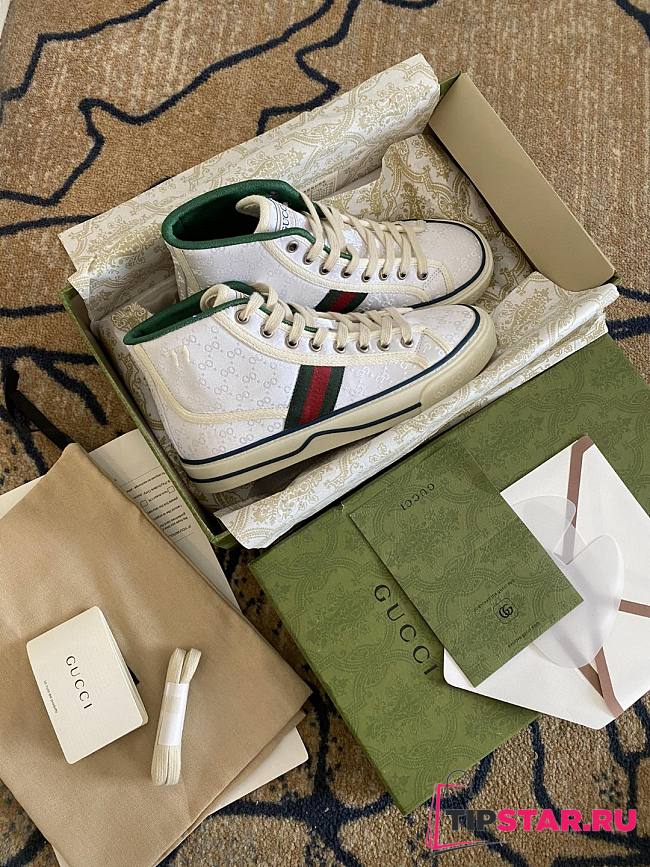 Gucci Tennis 1977 high top sneaker in white mini GG jacquard fabric - 1