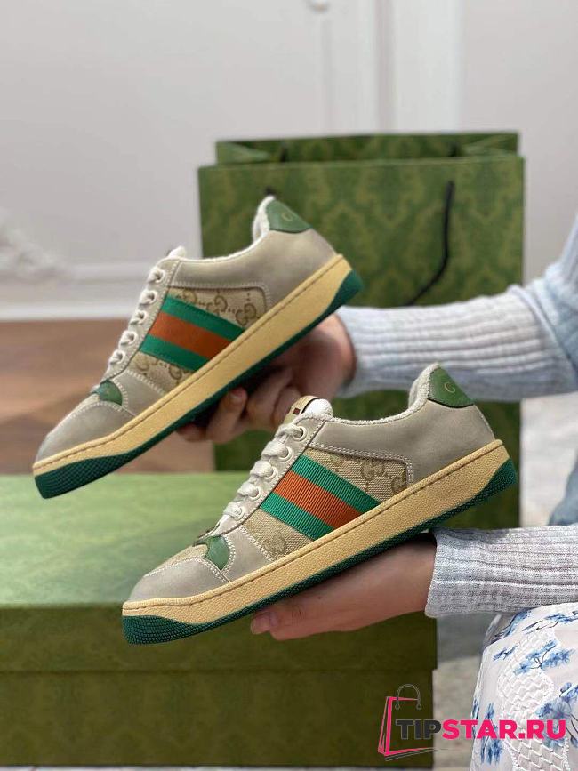 Gucci Screener leather sneaker green and orange web with vintage effect - 1