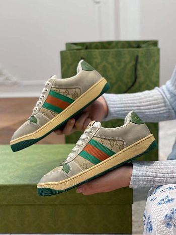 Gucci Screener leather sneaker green and orange web with vintage effect