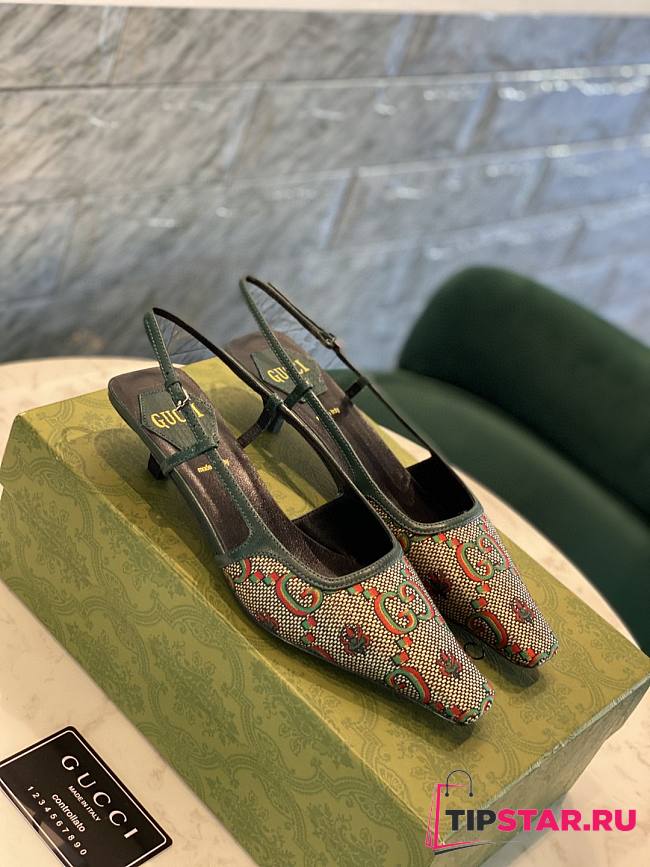 Gucci 100 sling back pump‎ grey and green GG flower jacquard 677994 UMB60 9660 - 1