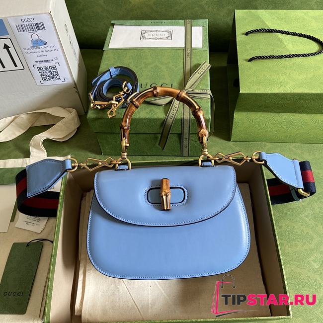 Gucci Small top handle bag with Bamboo blue leather 675797 21cm - 1