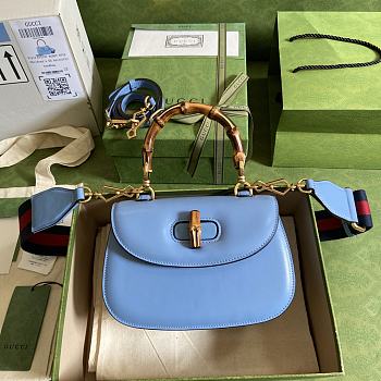 Gucci Small top handle bag with Bamboo blue leather 675797 21cm