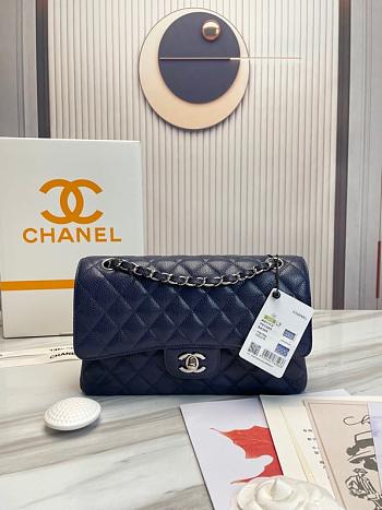 Chanel Classic handbag grained calfskin with silver-metal/blue navy A58600 25cm