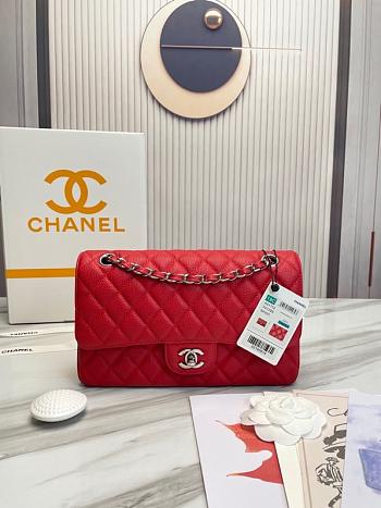 Chanel Classic handbag grained calfskin with silver-metal/red A58600 25cm