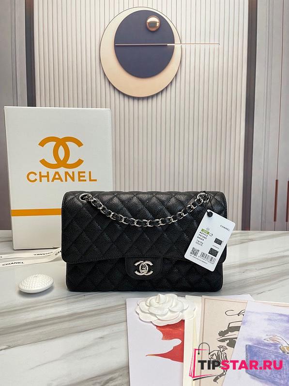 Chanel Classic Flap Bag Black Grained Calfskin Silver Hardware 25.5x15.5x6.5 cm - 1