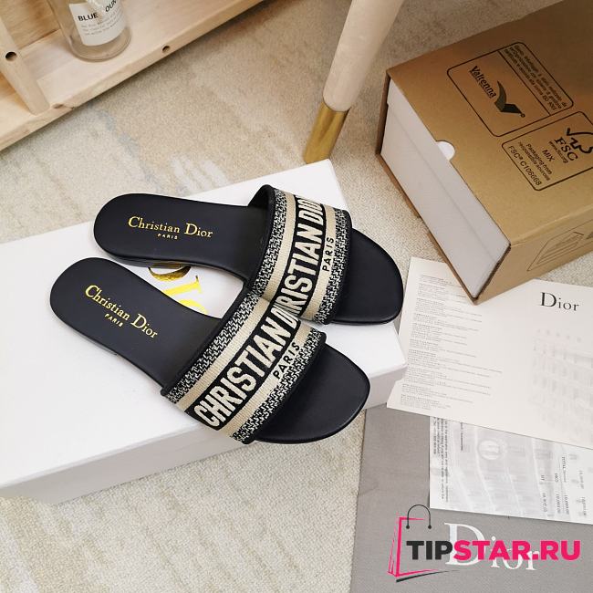 Dior Dway heeled slide black embroidered cotton with gold logo - 1