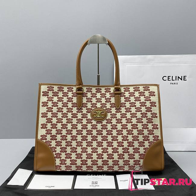 Celine Horizontal cabas in textile with triomphe embroidery fox red 60117 43cm - 1