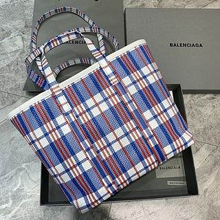 BALENCIAGA BARBES LARGE EAST-WEST SHOPPER BAG CHECK PRINTED IN BLUE - 671405