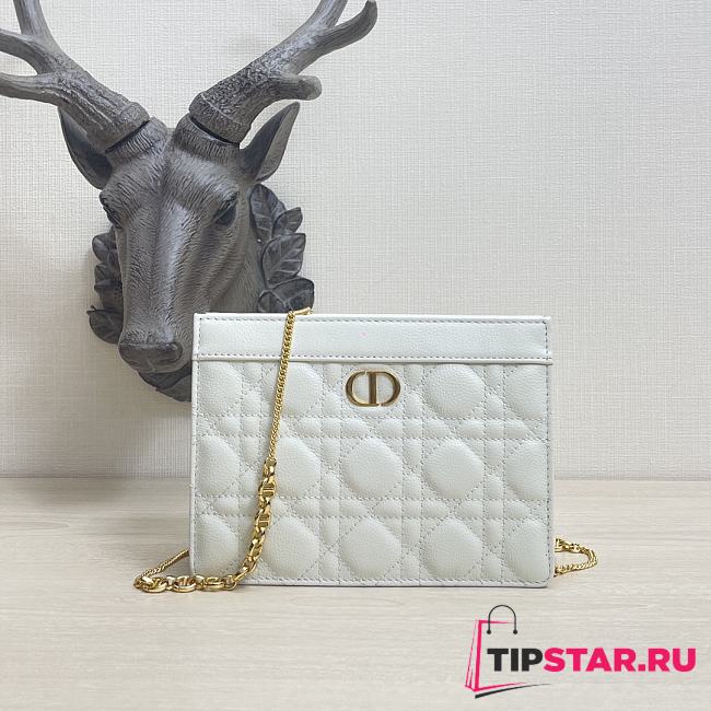 DIOR CARO ZIPPED POUCH WITH CHAIN White Grained Cannage Calfskin - 19x14x3cm - 1