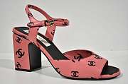 Chanel 22s Printed Lambskin Cc Logo Ankle Strap Block Pink Heel Sandal - 4