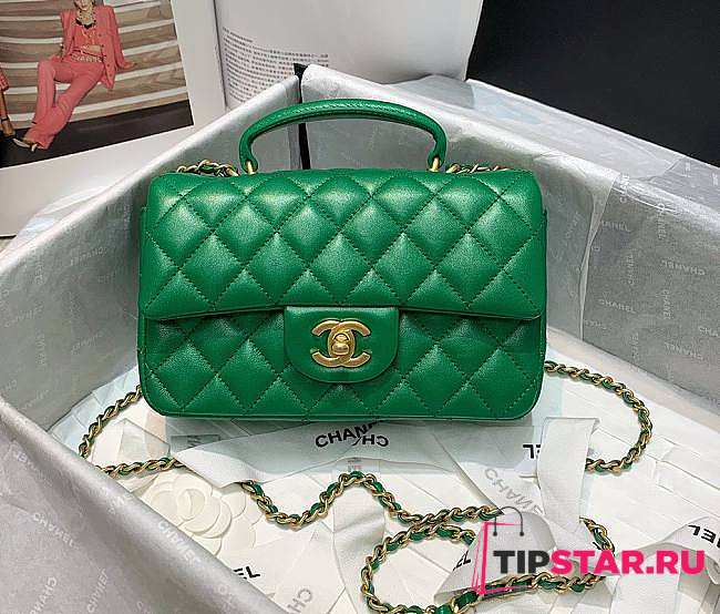 Chanel Grained Calfskin Top Handle Flap Bag Green 20 x 14 x 7cm - 1