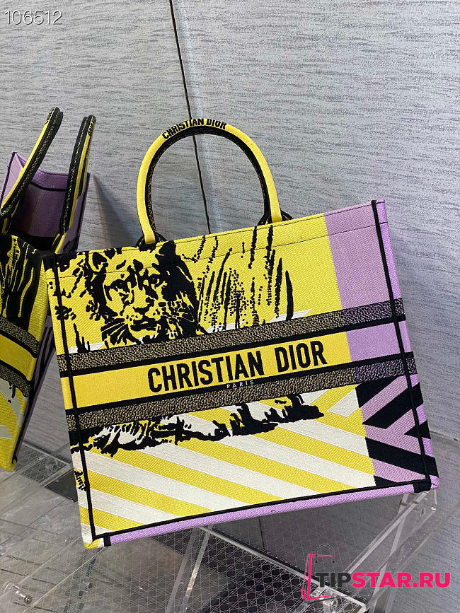 LARGE DIOR BOOK TOTE Bright Yellow and Pink D-Jungle Pop Embroidery - M1286Z  - 1