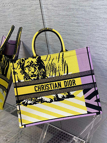 LARGE DIOR BOOK TOTE Bright Yellow and Pink D-Jungle Pop Embroidery - M1286Z 