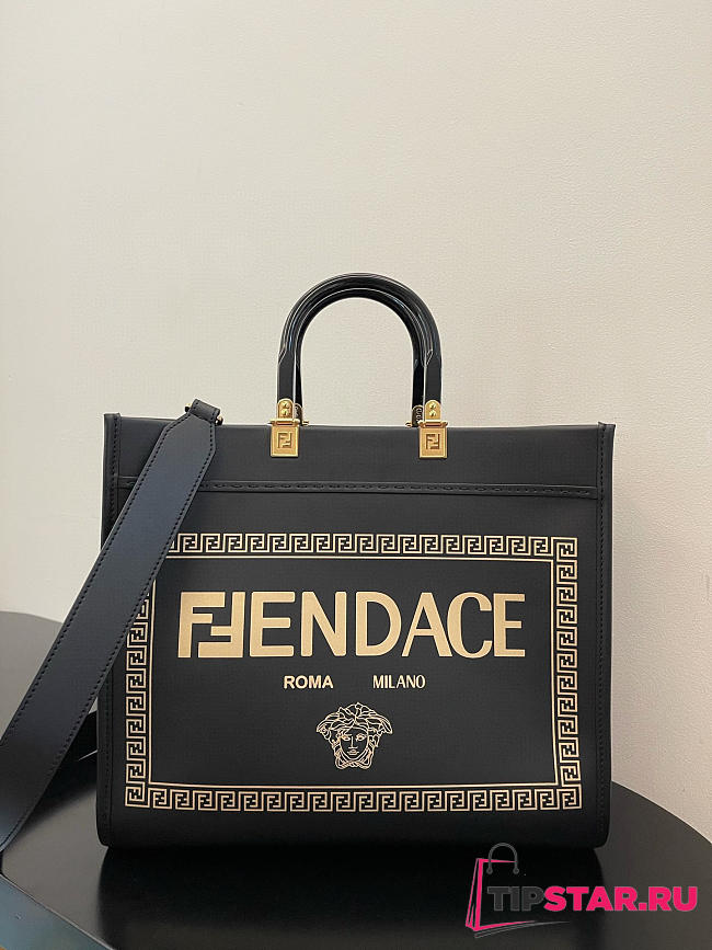 Fendi Sunshine Medium Fendace Printed black leather Logo shopper - 8BH386 - 35x17x31cm - 1