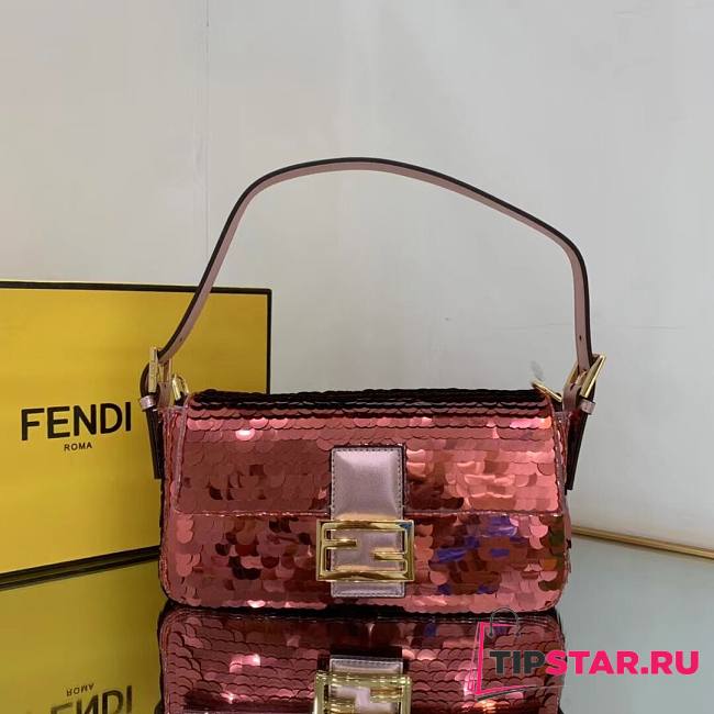 Fendi 8BR792 Medium Baguette 1997 Pink Satin Bag With Sequins 0127L - 1