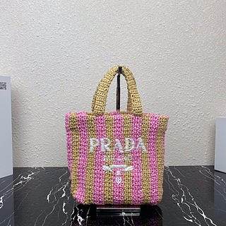 PRADA Small raffia tote bag tan/petal pink - 1BG422 - 24x24x8cm