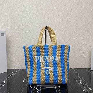 PRADA Small raffia tote bag tan/light blue - 1BG422 - 24x24x8cm