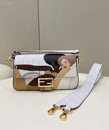 FENDI Baguette FF white glazed fabric bag with inlay white - 8BR600 - 27x6x15cm